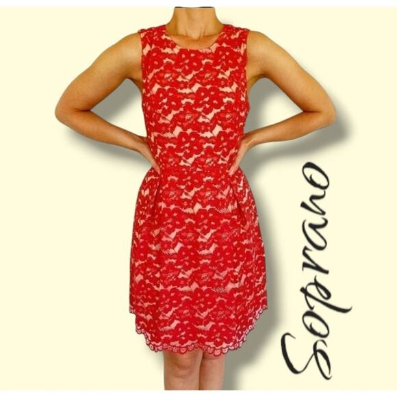 Soprano Women’s Red Orange Lace Overlay Lined Fit & Flare Dress Size Large - Picture 8 of 8